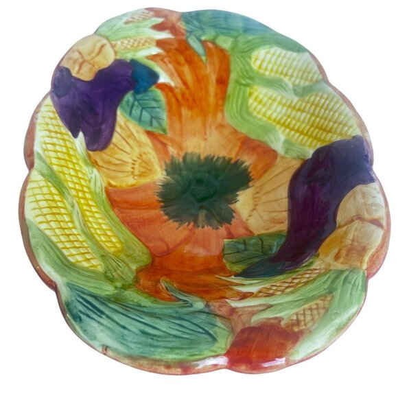 Fall-Themed Ceramic Serving Bowl Hand-Painted Pumpkin Corn & Eggplant Cornucopia - Picture 2 of 9